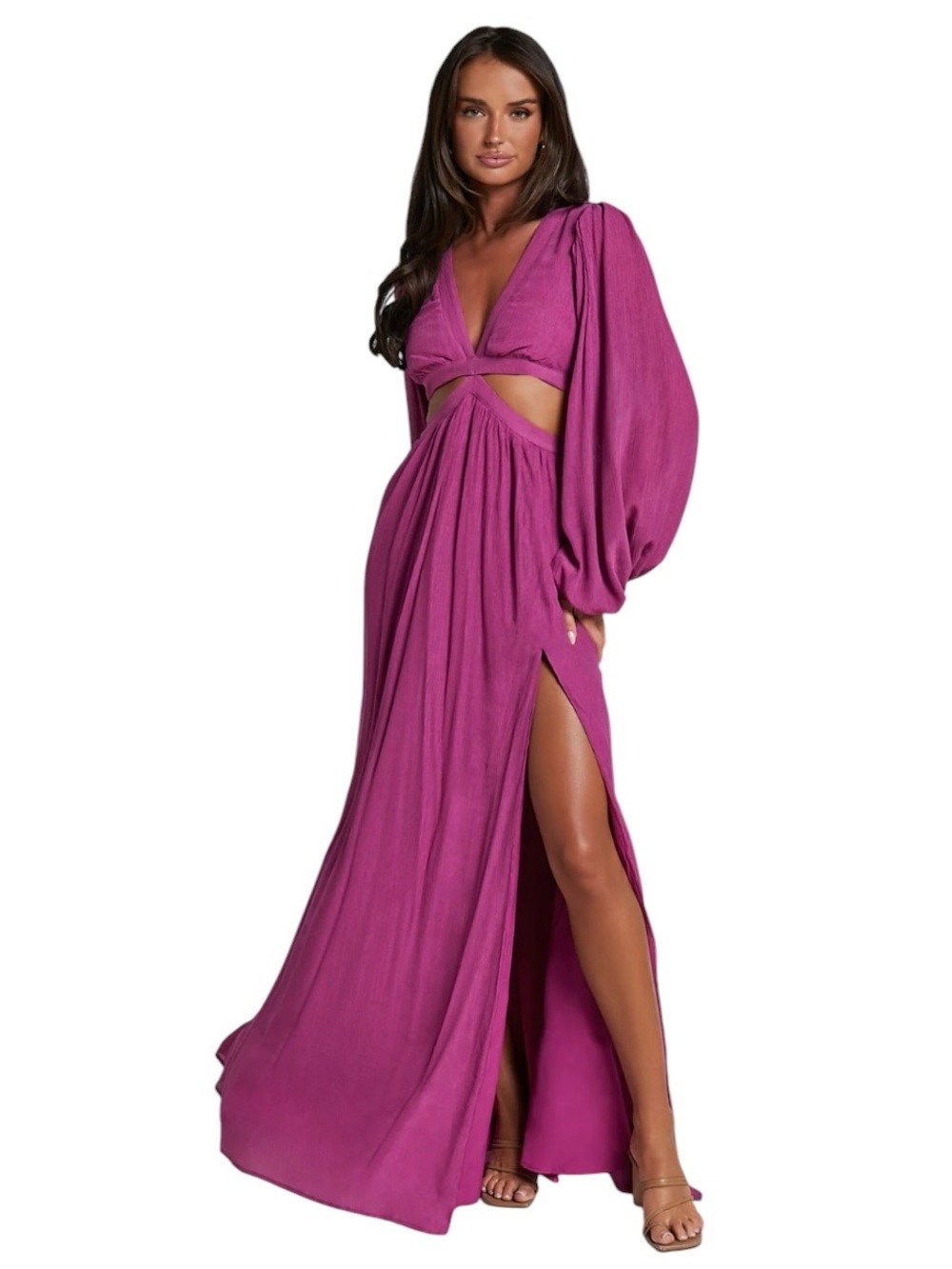 Showpo - Paige Maxi Dress Orchid Purple Cutout Balloon Sleeve Gown Sz US 10